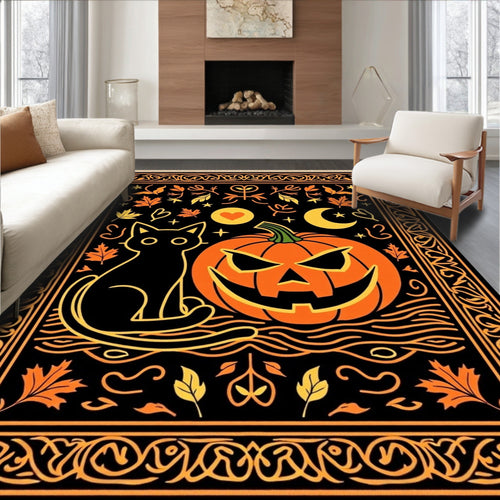 Black Cat Pumpkin Halloween Folk Art Rug