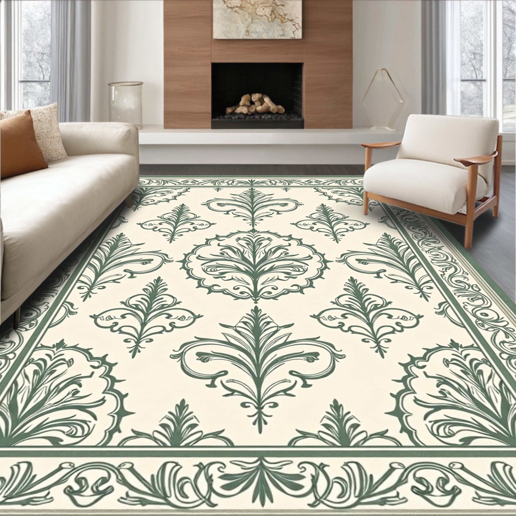 Sage Green Damask Scroll Border Rug