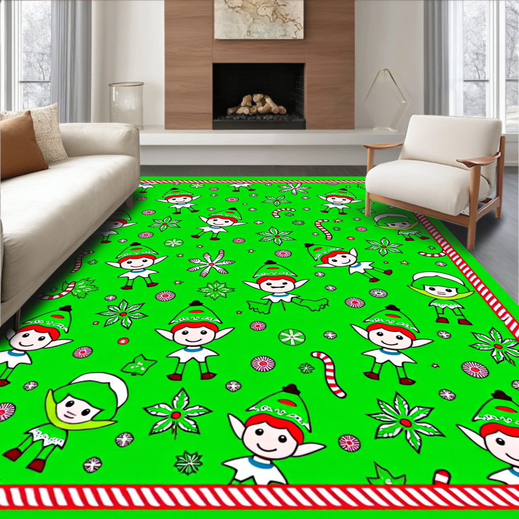 Festive Green Elf Candy Cane Christmas Rug