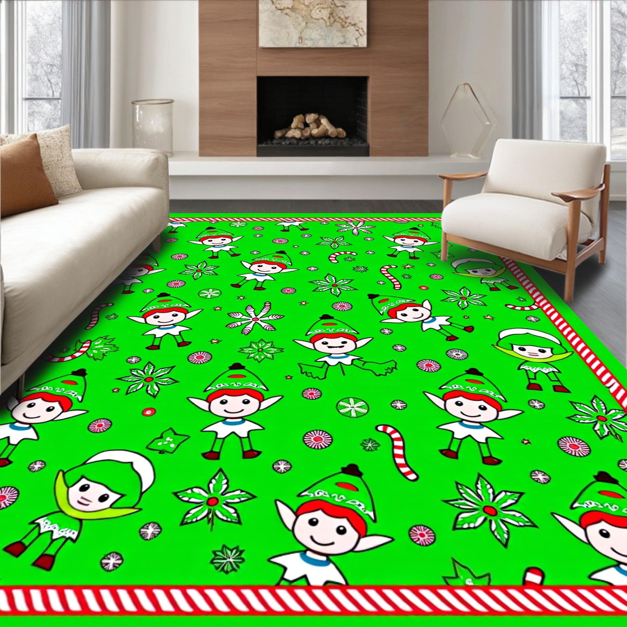 Festive Green Elf Candy Cane Christmas Rug