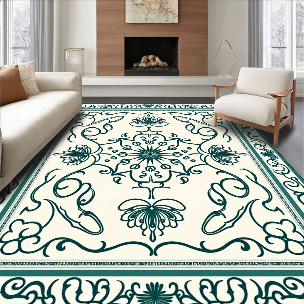 Deep Teal Floral Mandala Medallion Rug