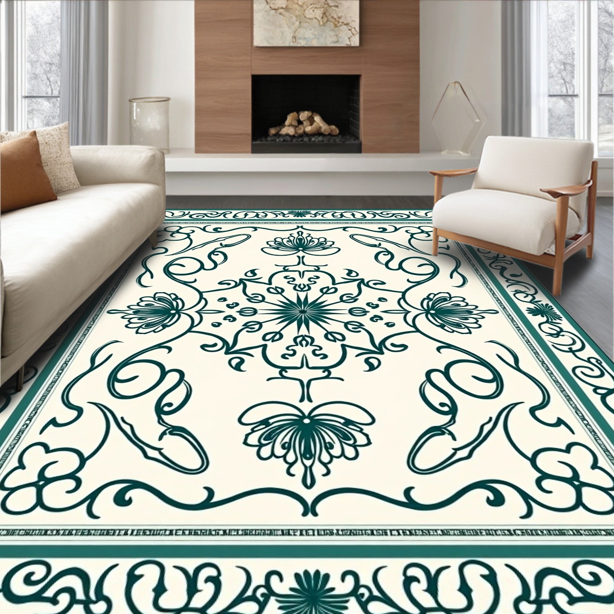 Deep Teal Floral Mandala Medallion Rug