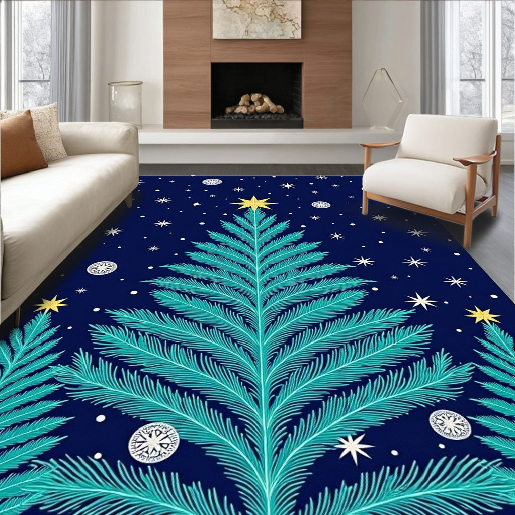 Teal Christmas Tree Starry Night Rug