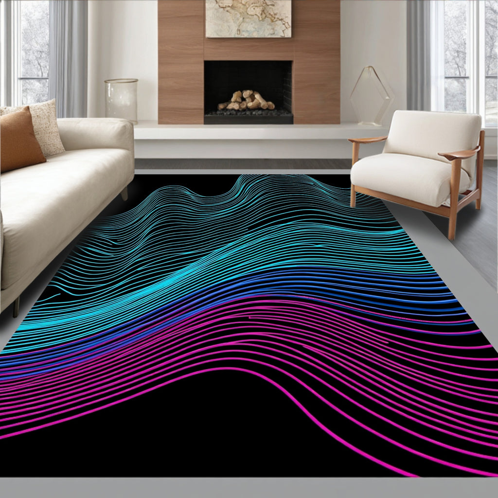 Neon Pink Blue Gradient Wave Lines Rug