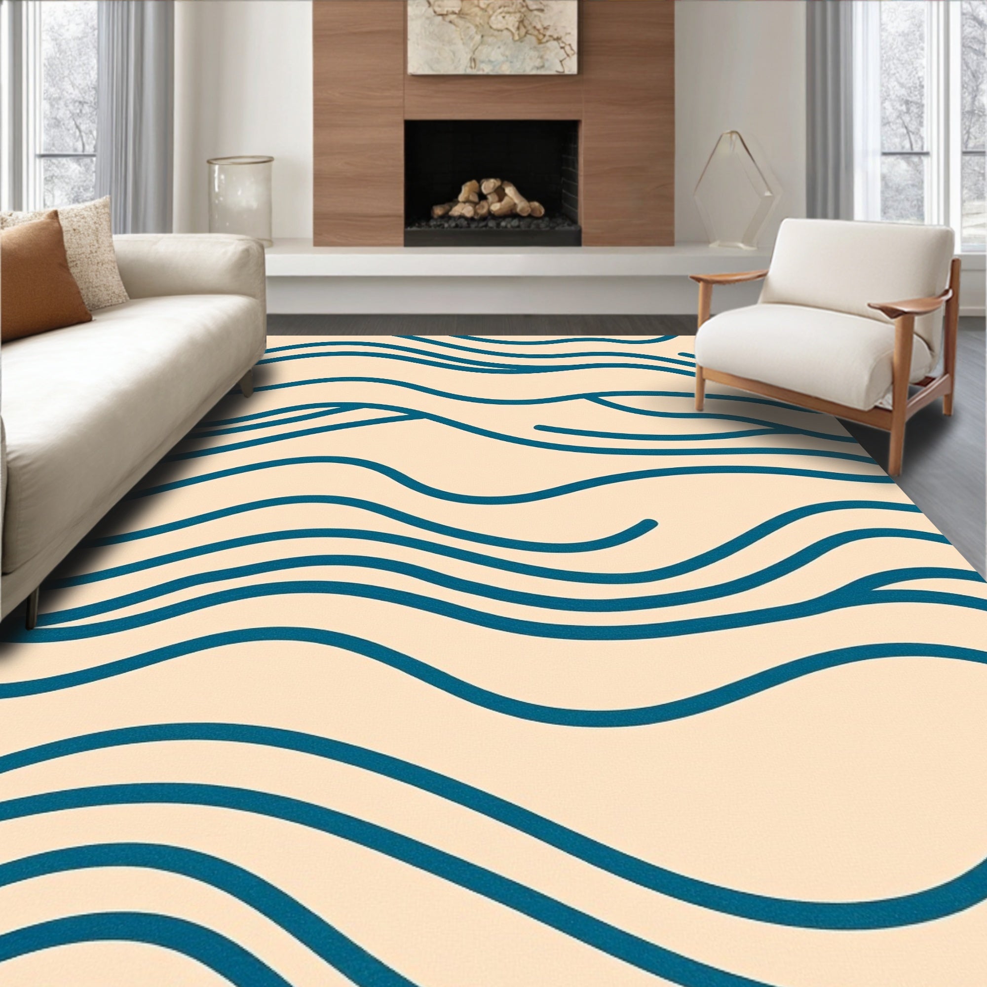 Deep Teal Wavy Lines Rug