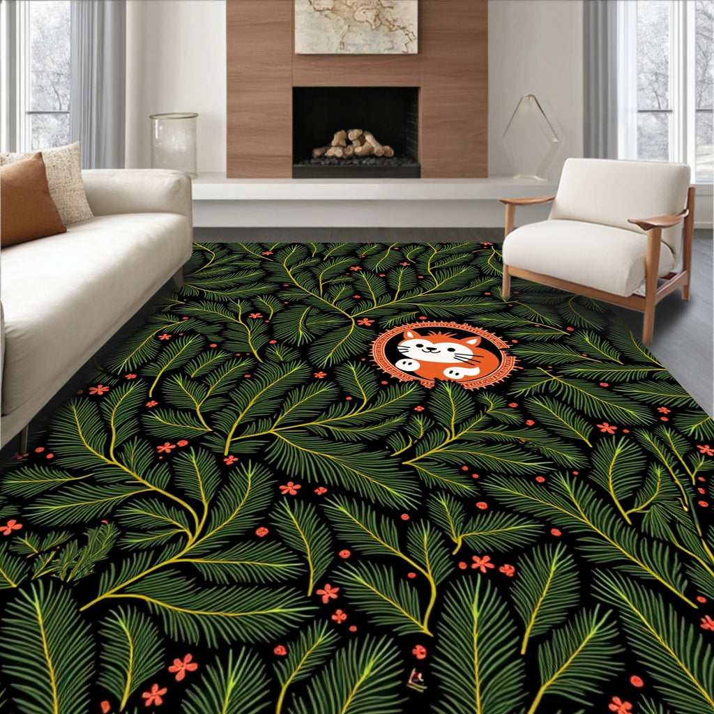 Whimsical Orange Cat Pine Branch Rug