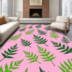 Green Fern Leaves on Pink Background Rug
