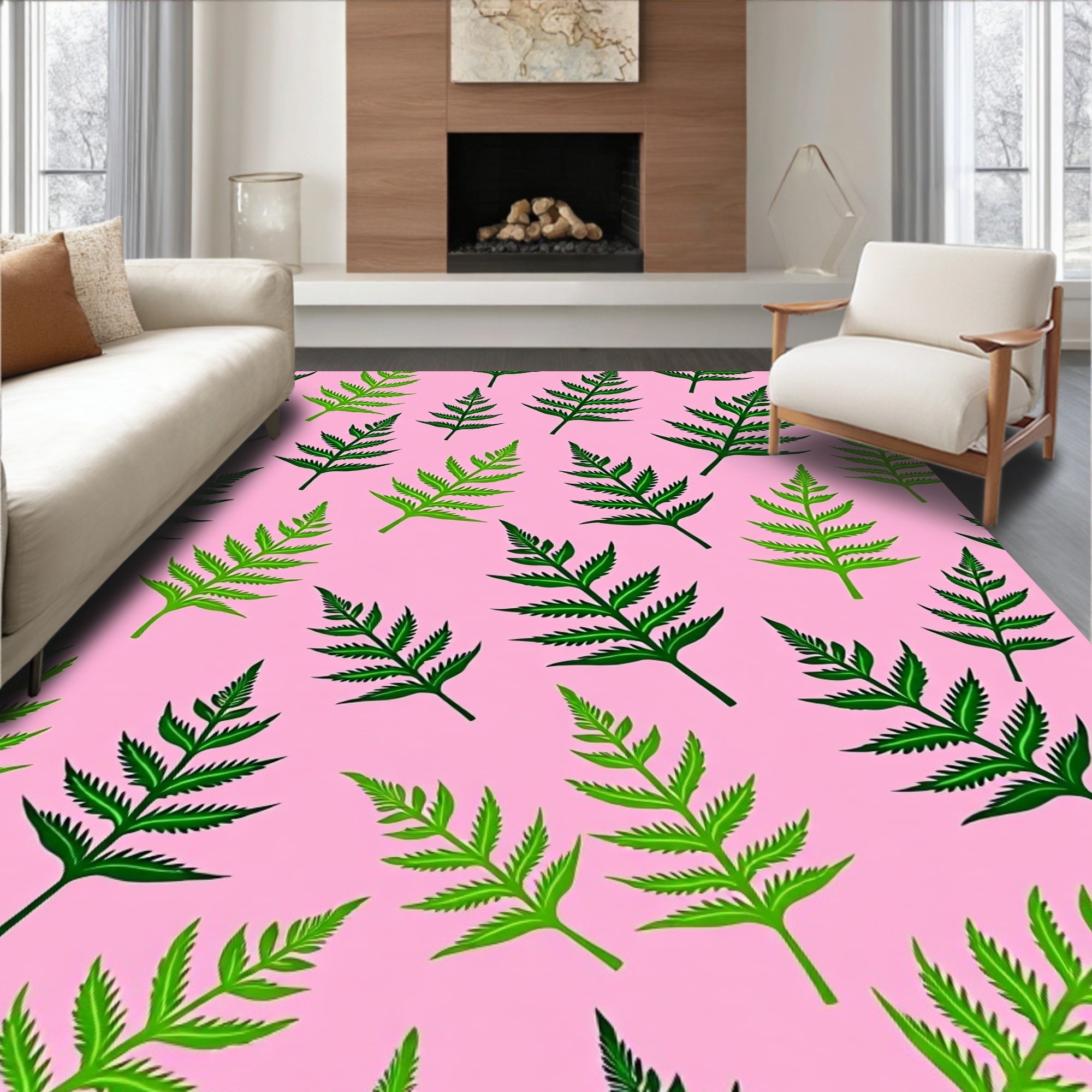 Green Fern Leaves on Pink Background Rug