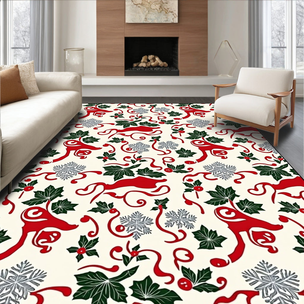 Red Reindeer Holly Snowflakes Swirls Rug