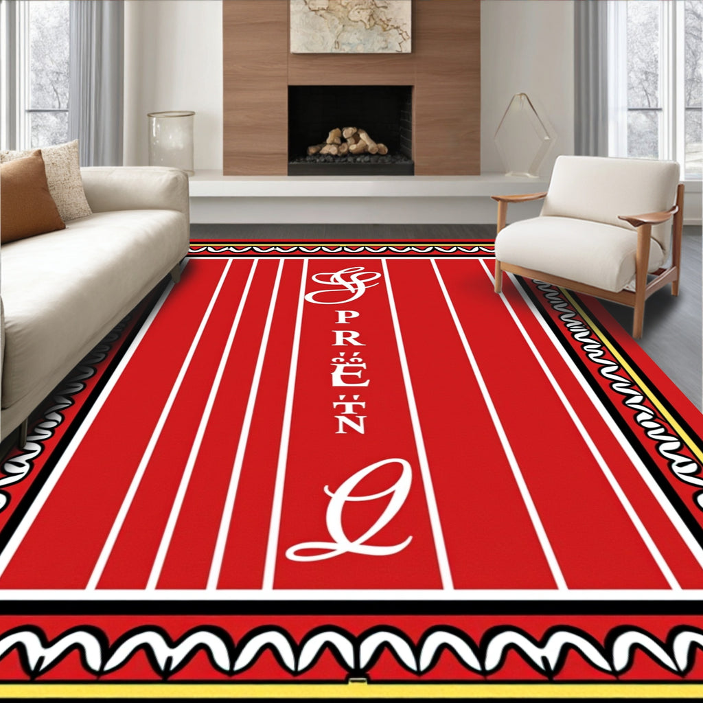 Red Stripe Calligraphy Floral Border Rug