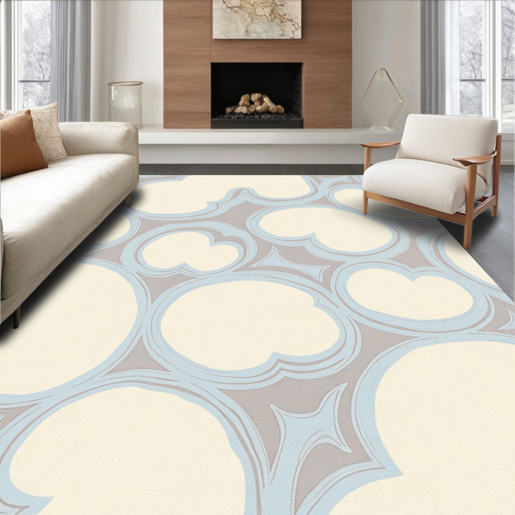 Cream Sky Blue Cloud Shapes Rug