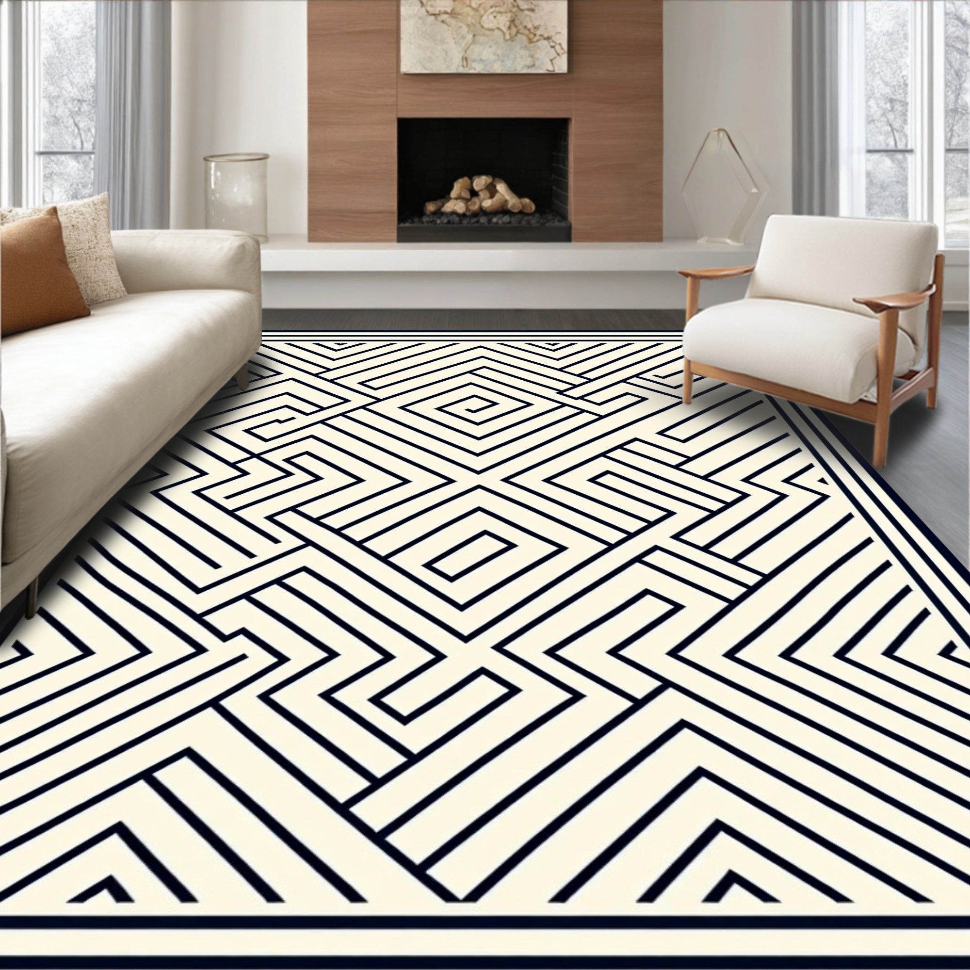 Cream and Black Linear Maze Rug