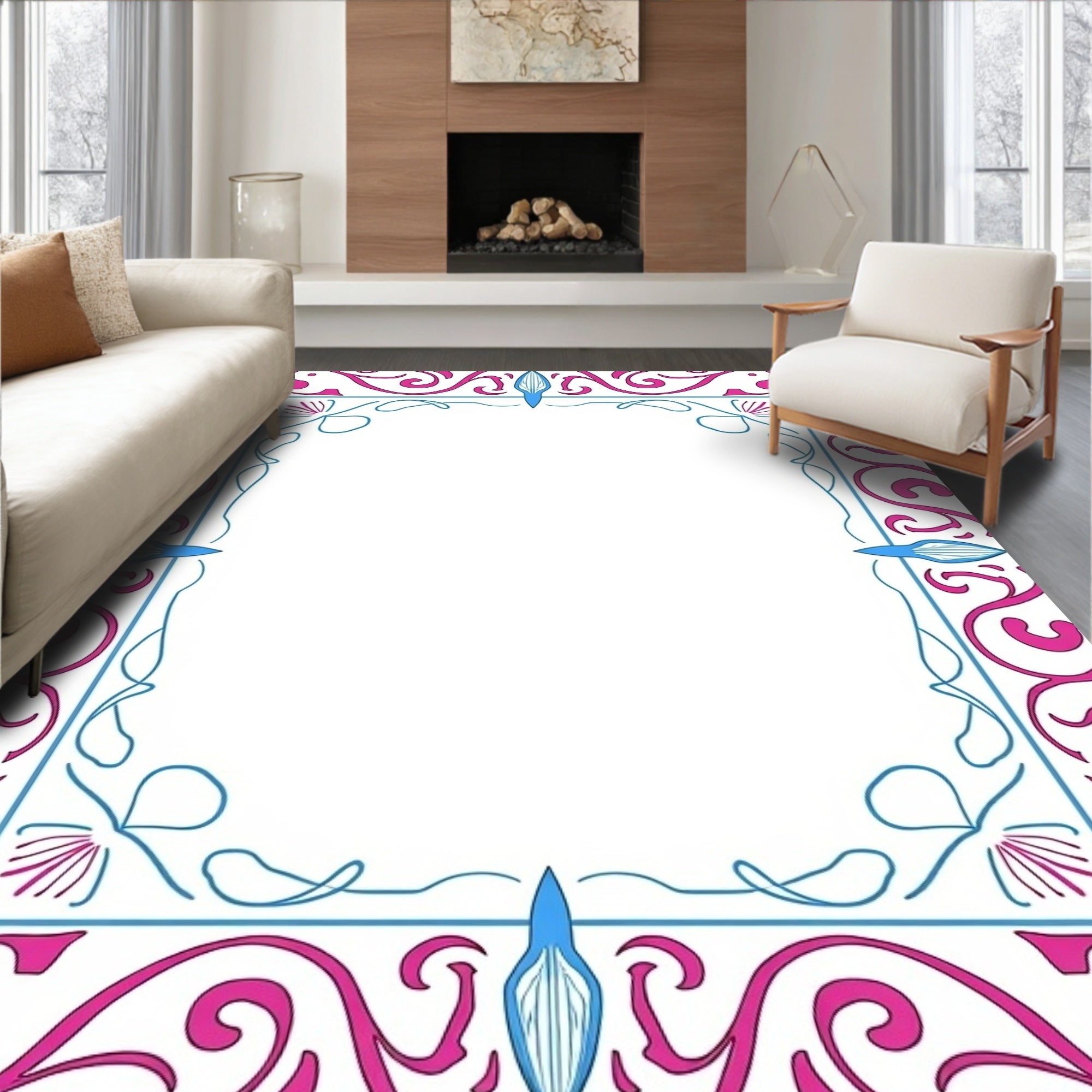 Bold Fuchsia Blue Swirl Floral Border Rug