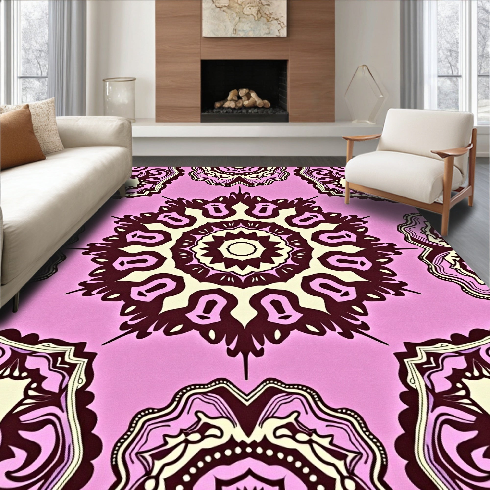 Crimson Mandala Medallion Rose Design Rug