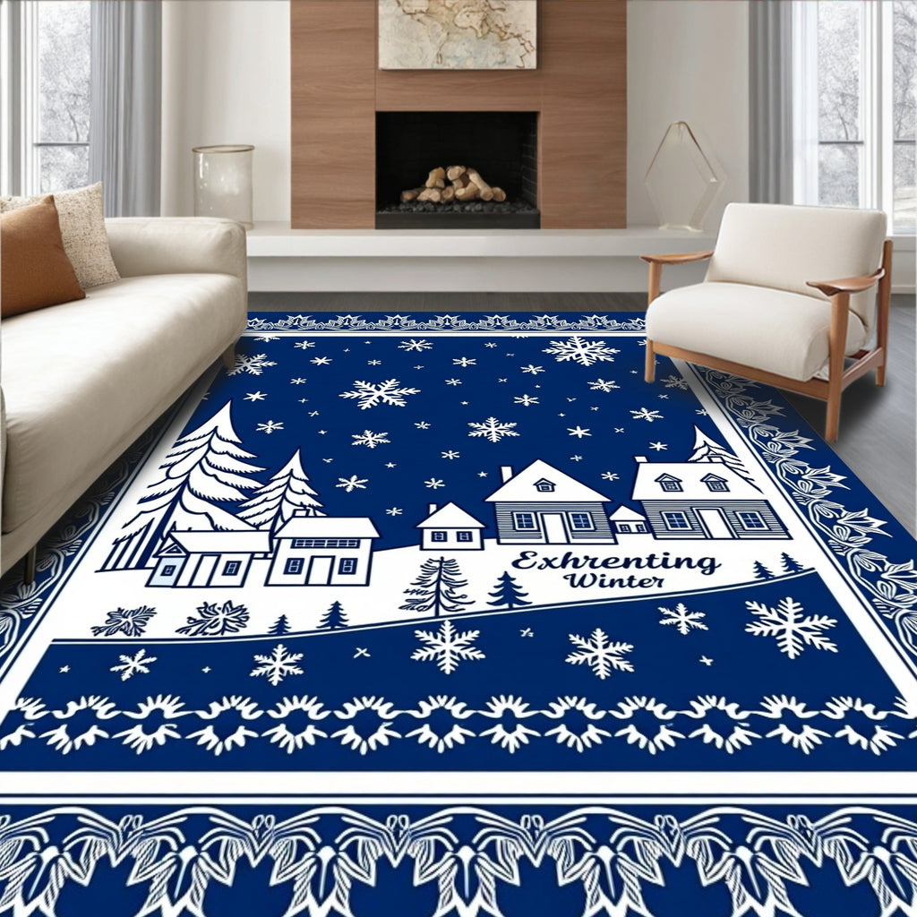 Classic Blue Winter Village Snowflakes Rug