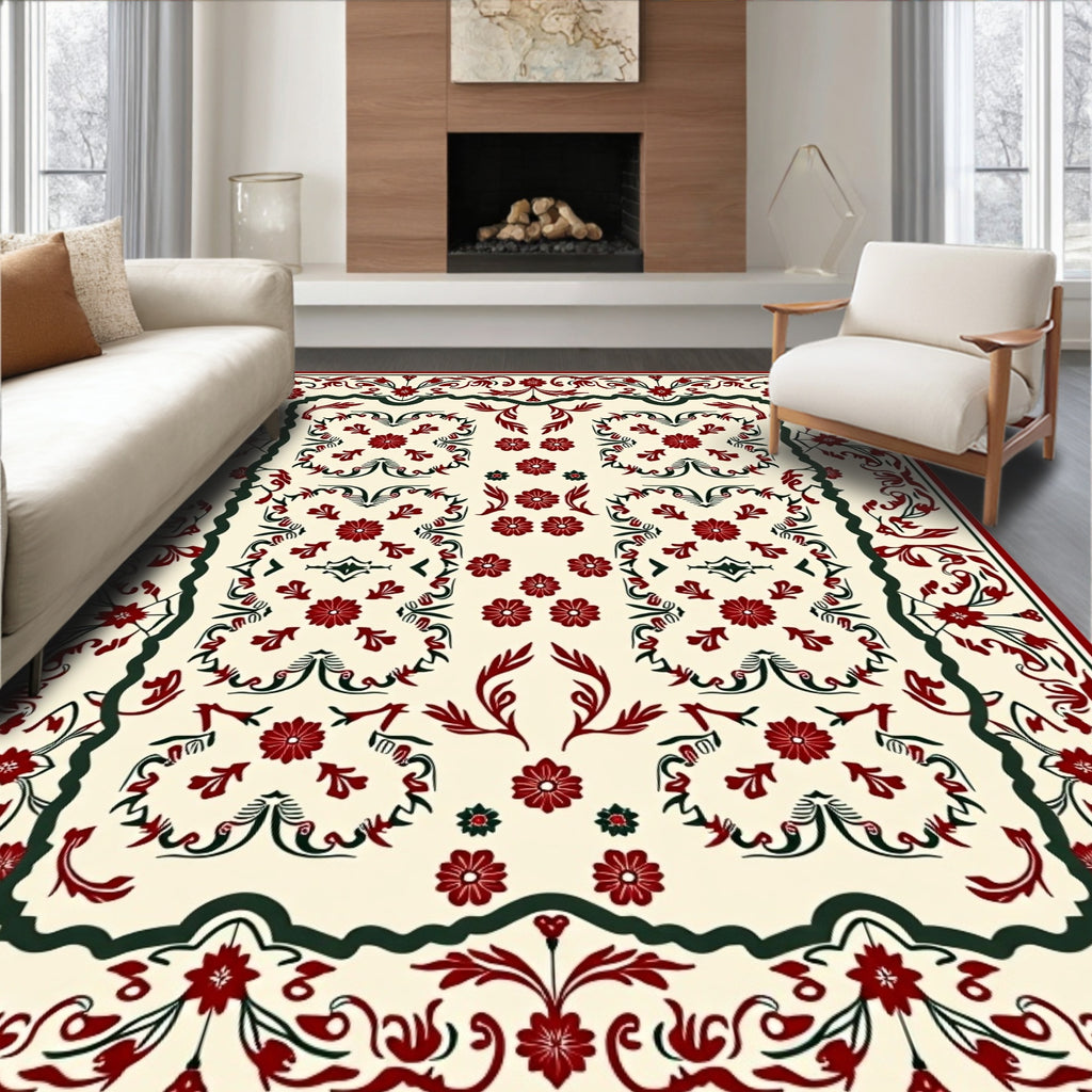 Crimson Ivory Floral Scroll Rug