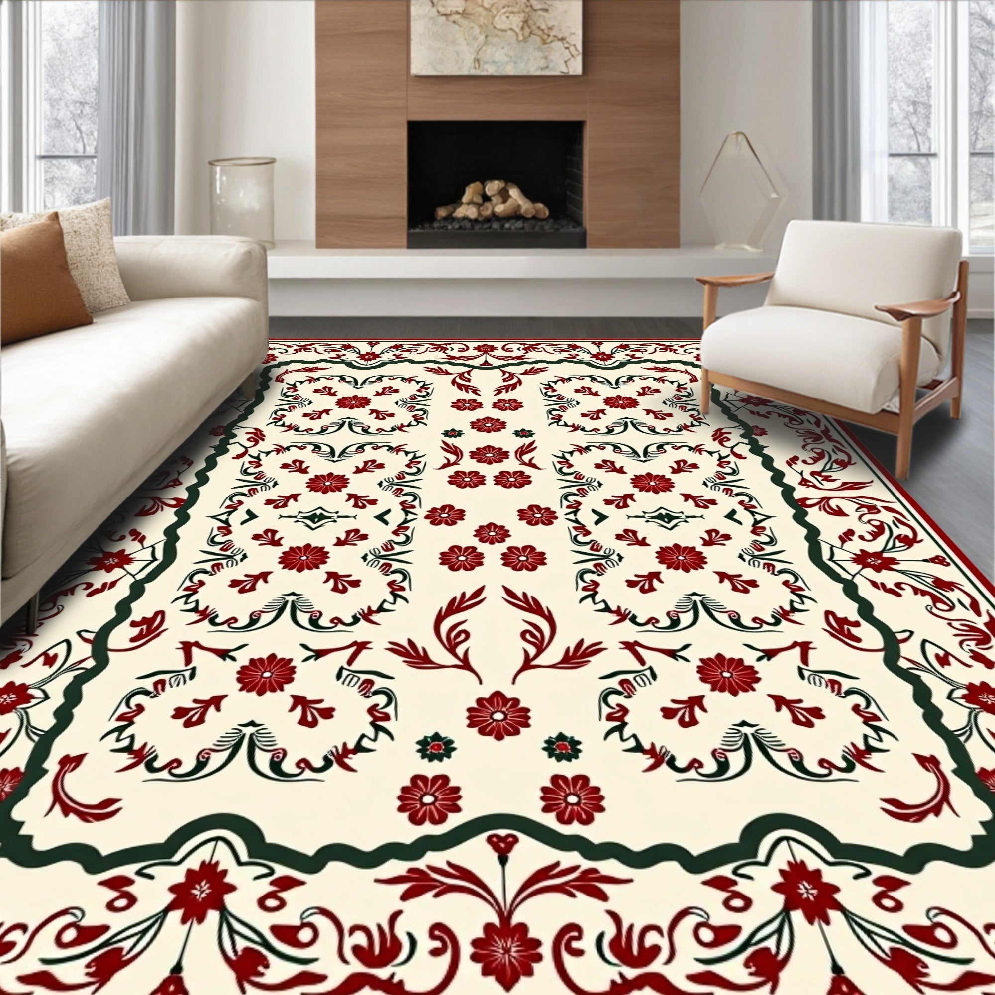 Crimson Ivory Floral Scroll Rug