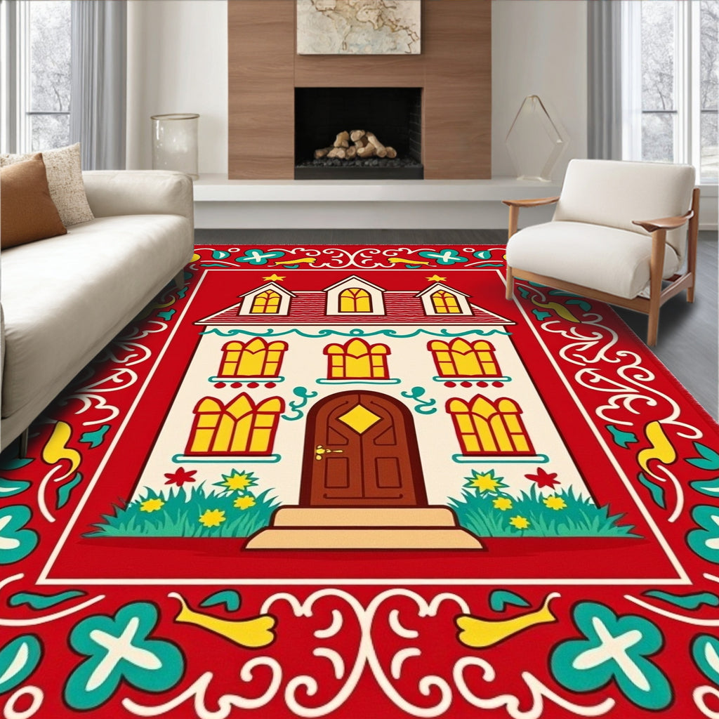 Festive red house with yellow windows Rug