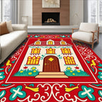 Festive red house with yellow windows Rug