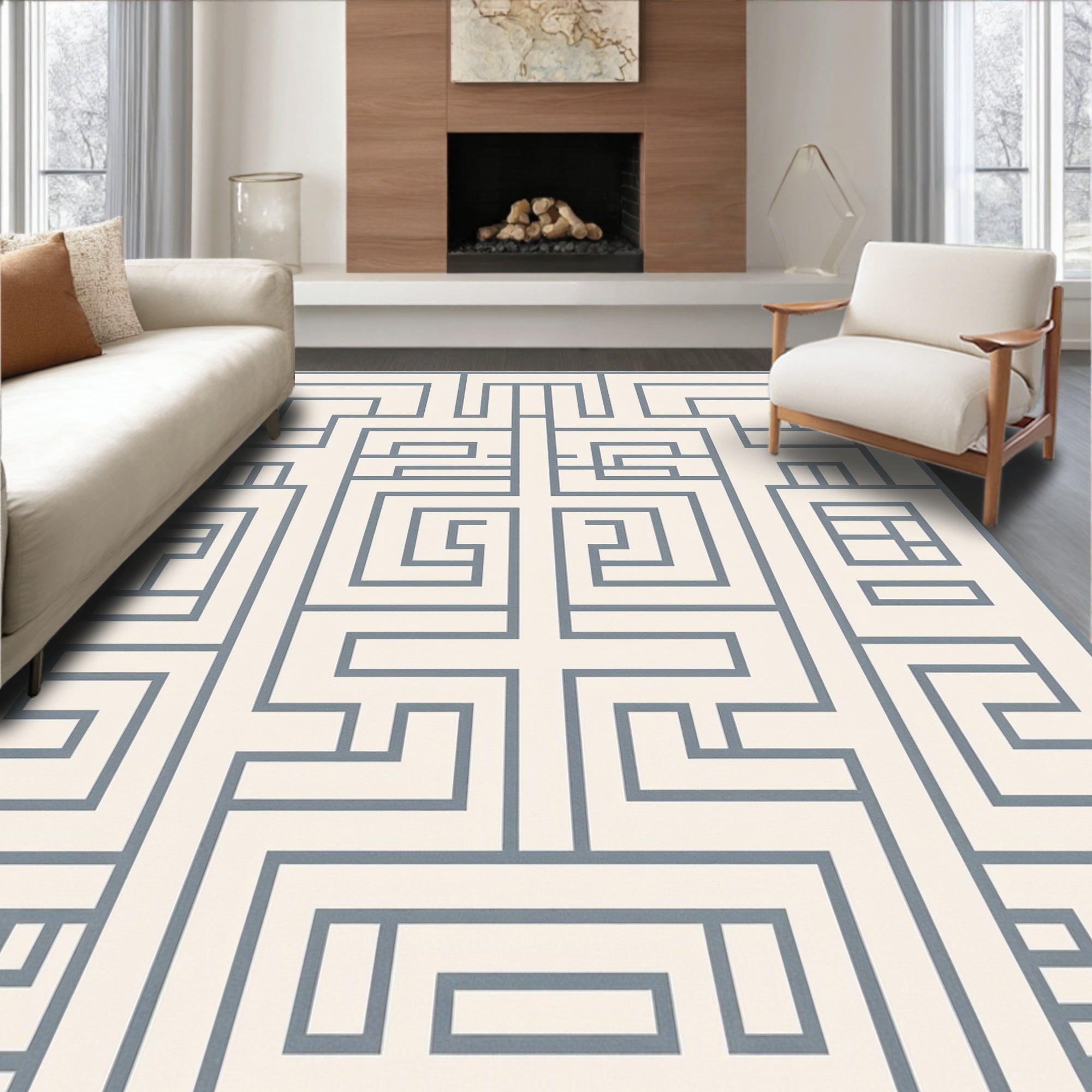 Gray Geometric Maze Art Deco Rug