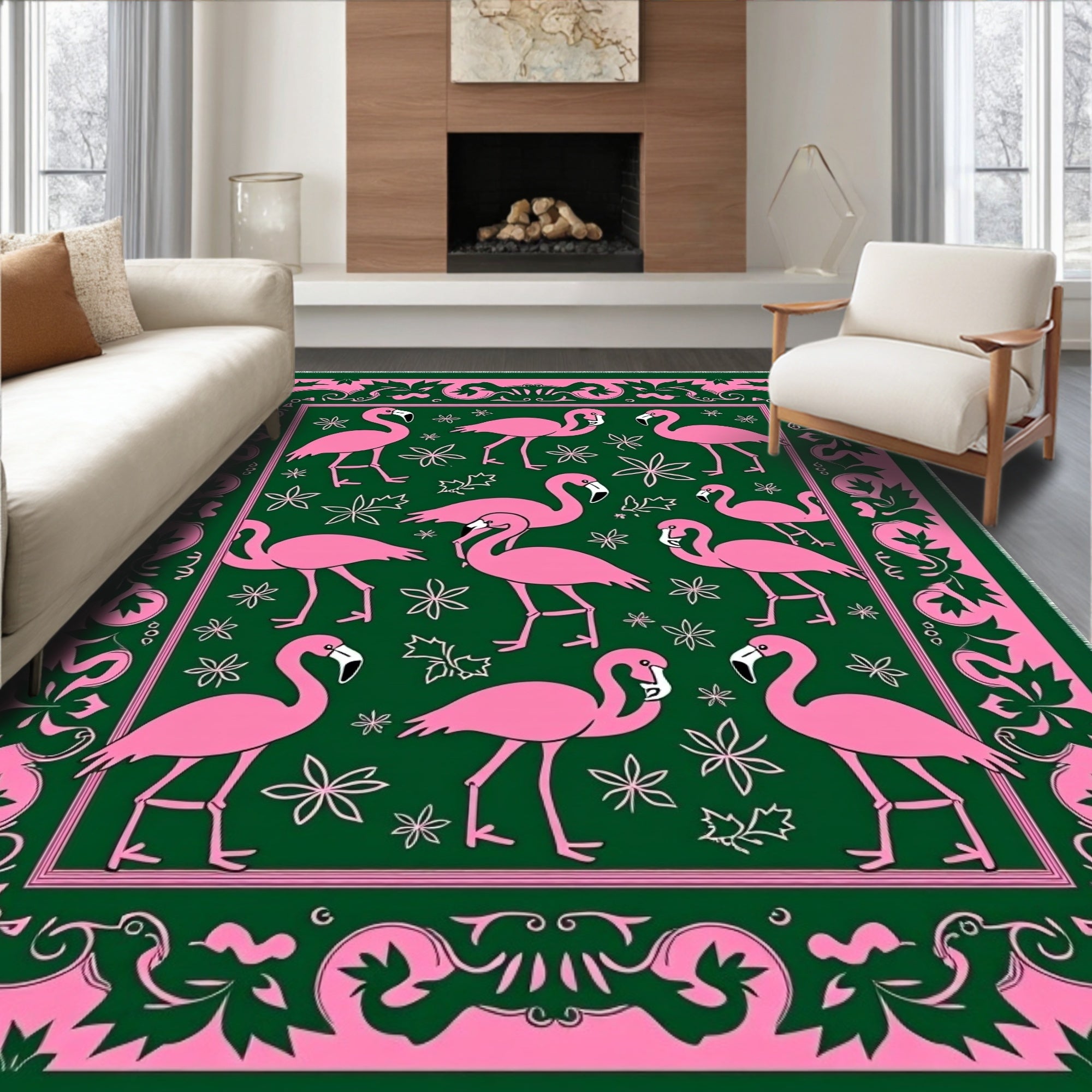 Pink Flamingo Garden Border Rug