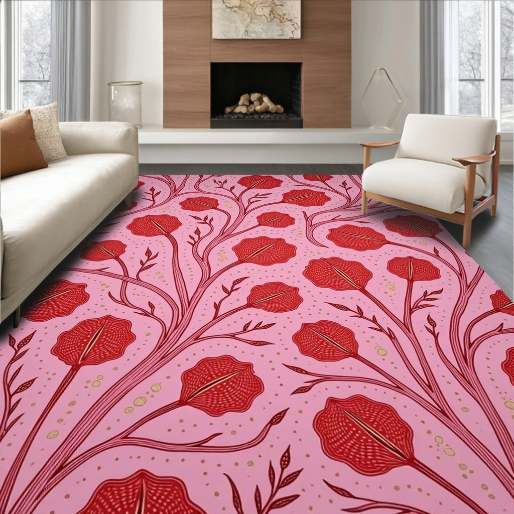 Pink Red Floral Vine Botanical Art Rug