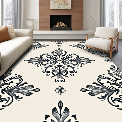 Black Ivory Floral Damask Medallion Rug