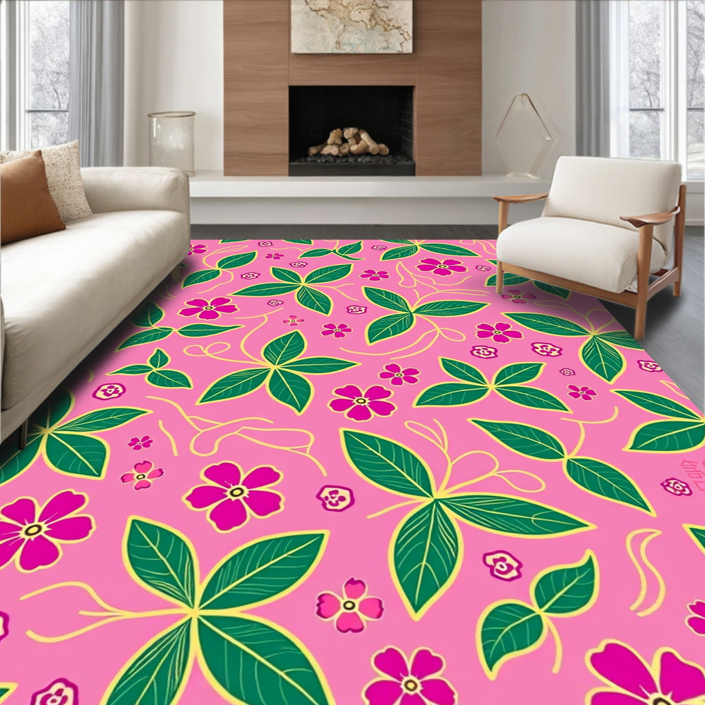 Vibrant Pink Floral Leaf Swirl Rug