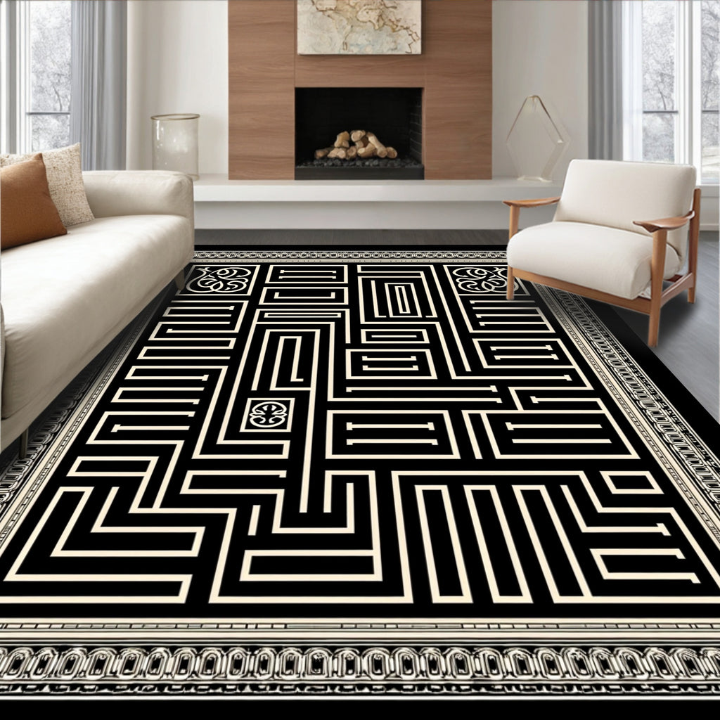 Cream and Black Maze Contemporary Border Rug