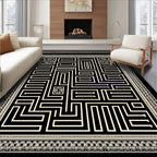 Cream and Black Maze Contemporary Border Rug