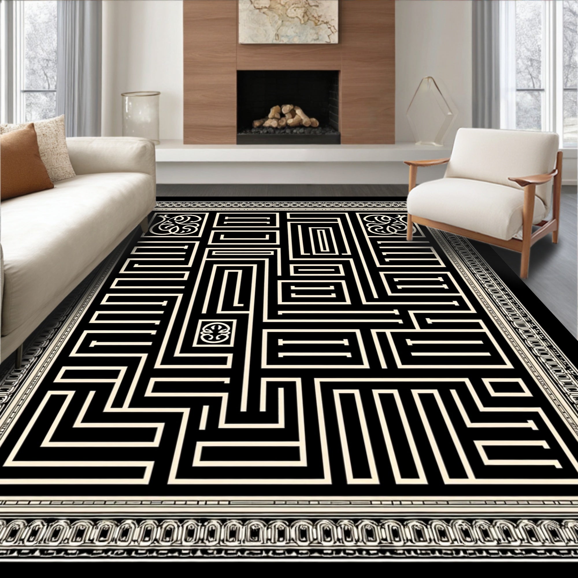 Cream and Black Maze Contemporary Border Rug