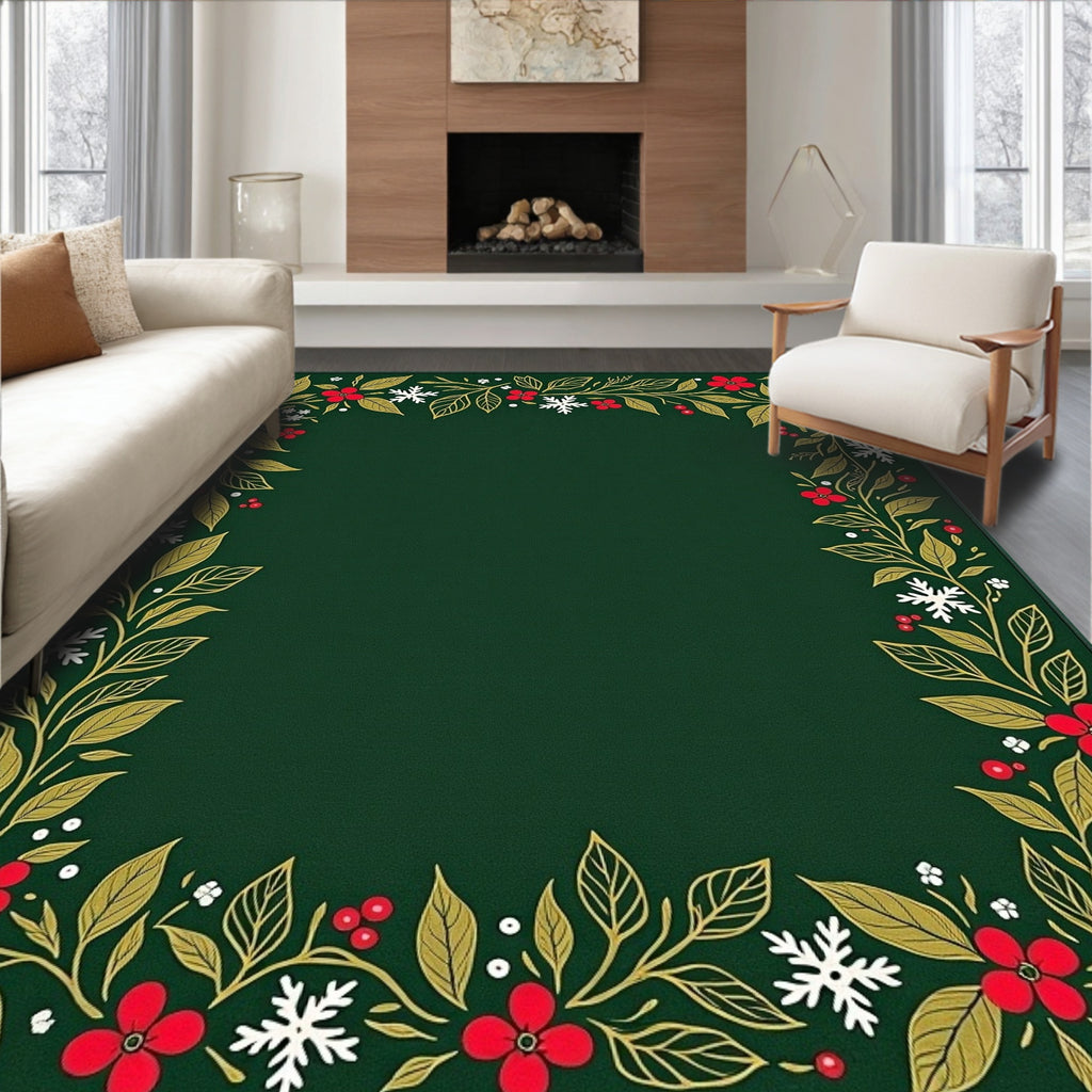 Holiday Green Floral Snowflake Border Rug