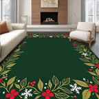 Holiday Green Floral Snowflake Border Rug