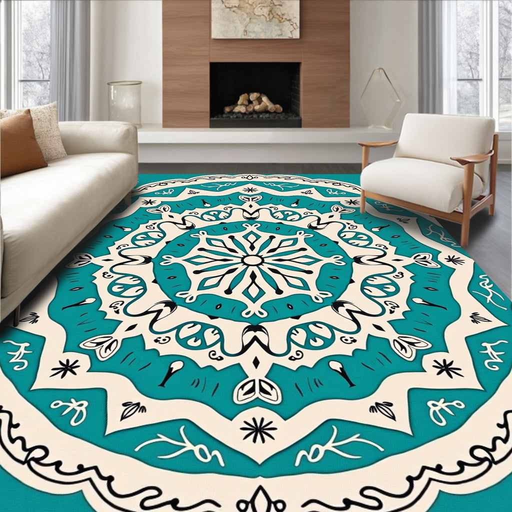 Teal Cream Intricate Floral Mandala Rug