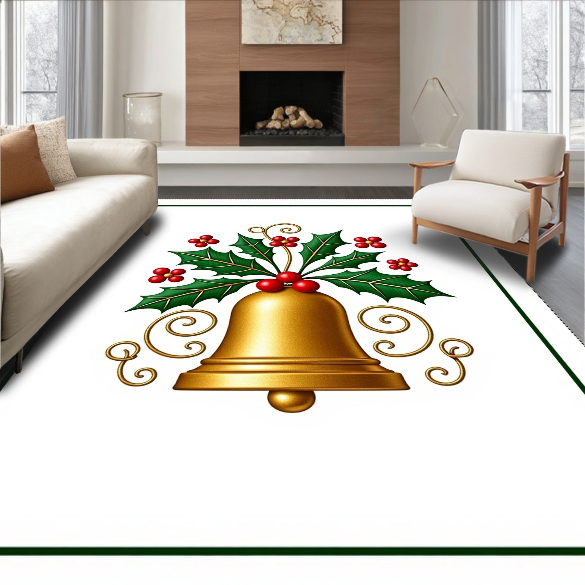 Golden Holly Bell Christmas Swirls Rug