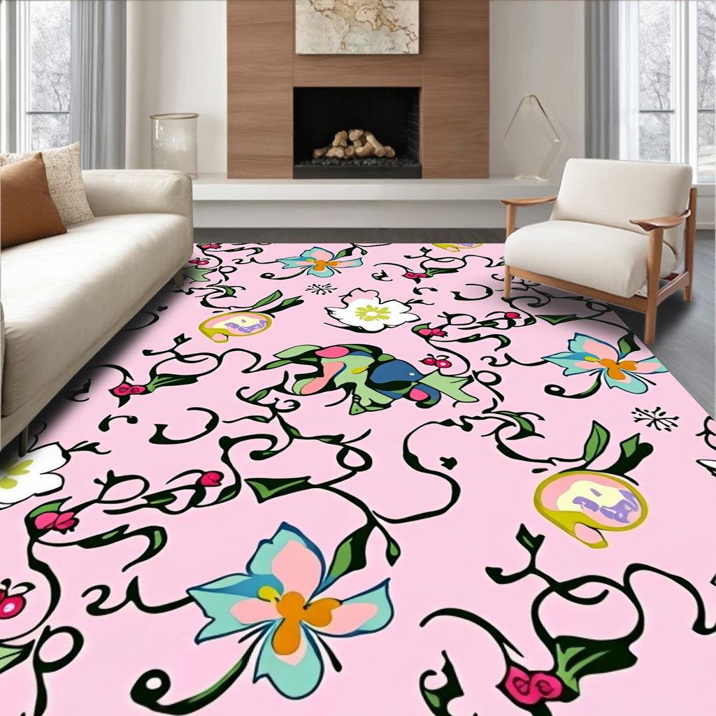 Whimsical Pink Floral Vine Swirl Rug