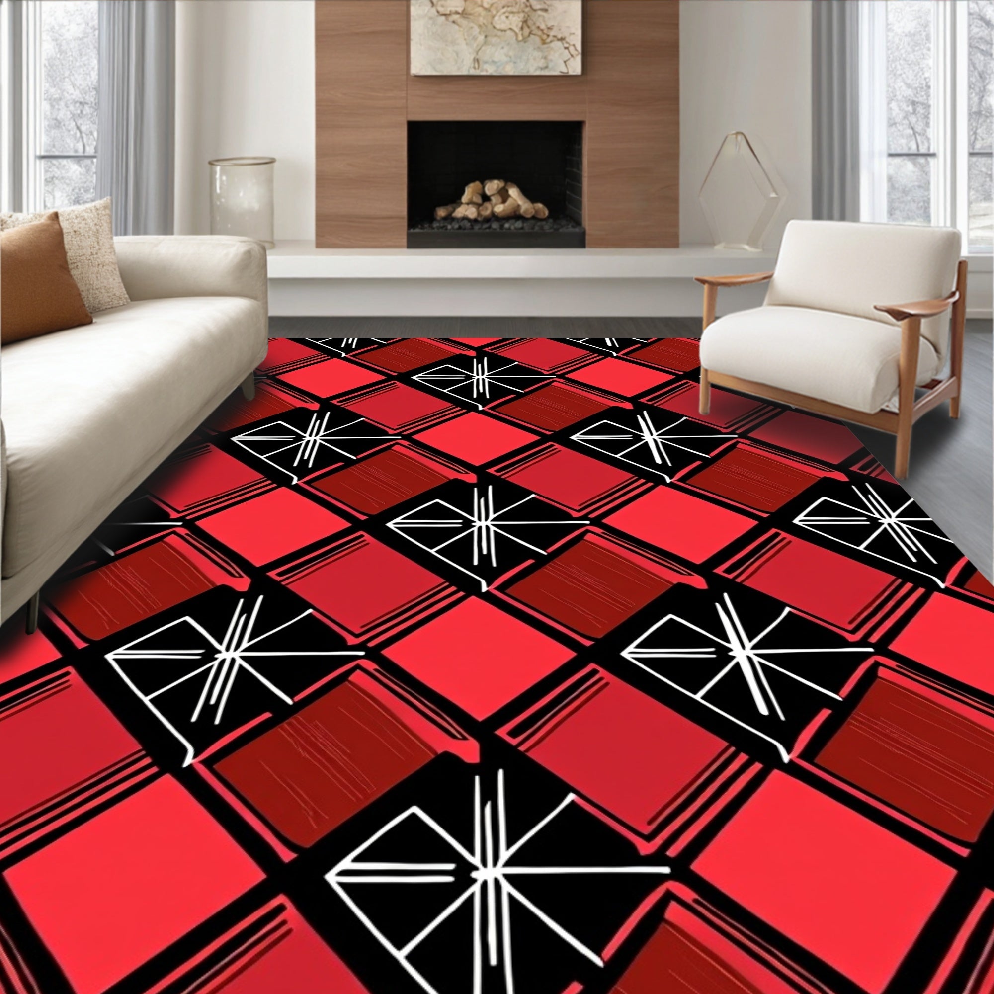 Bold Red Diamond Abstract Lines Rug