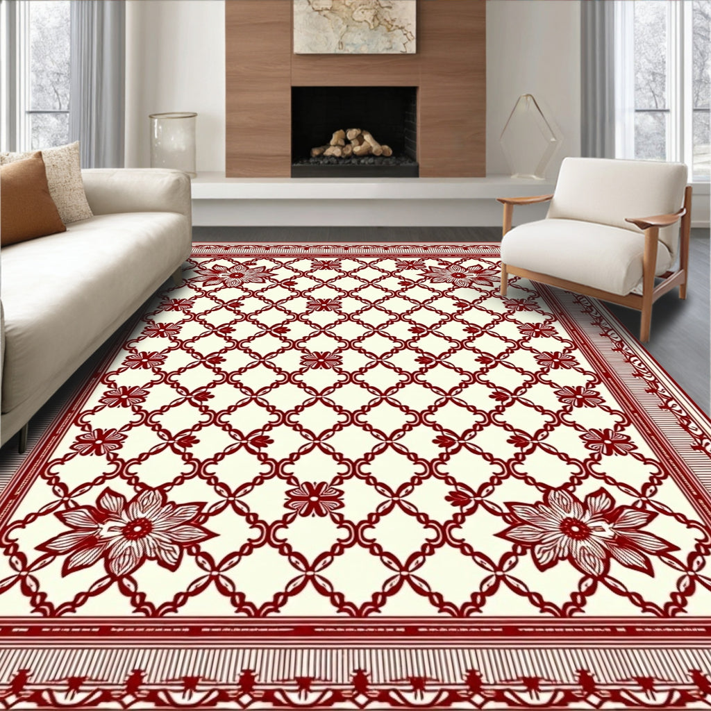Crimson Floral Lattice Border Rug