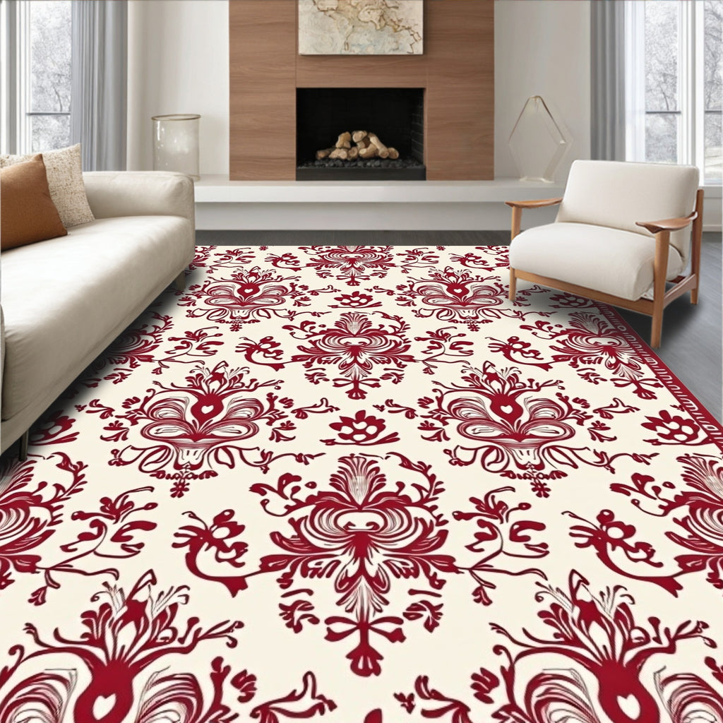 Rich Crimson Damask Scrollwork Rug