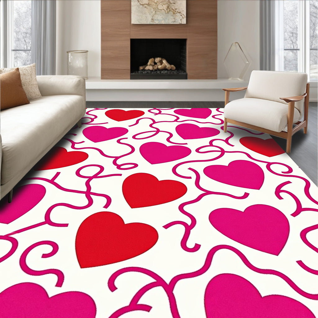 Red Pink Hearts Whimsical Swirls Rug