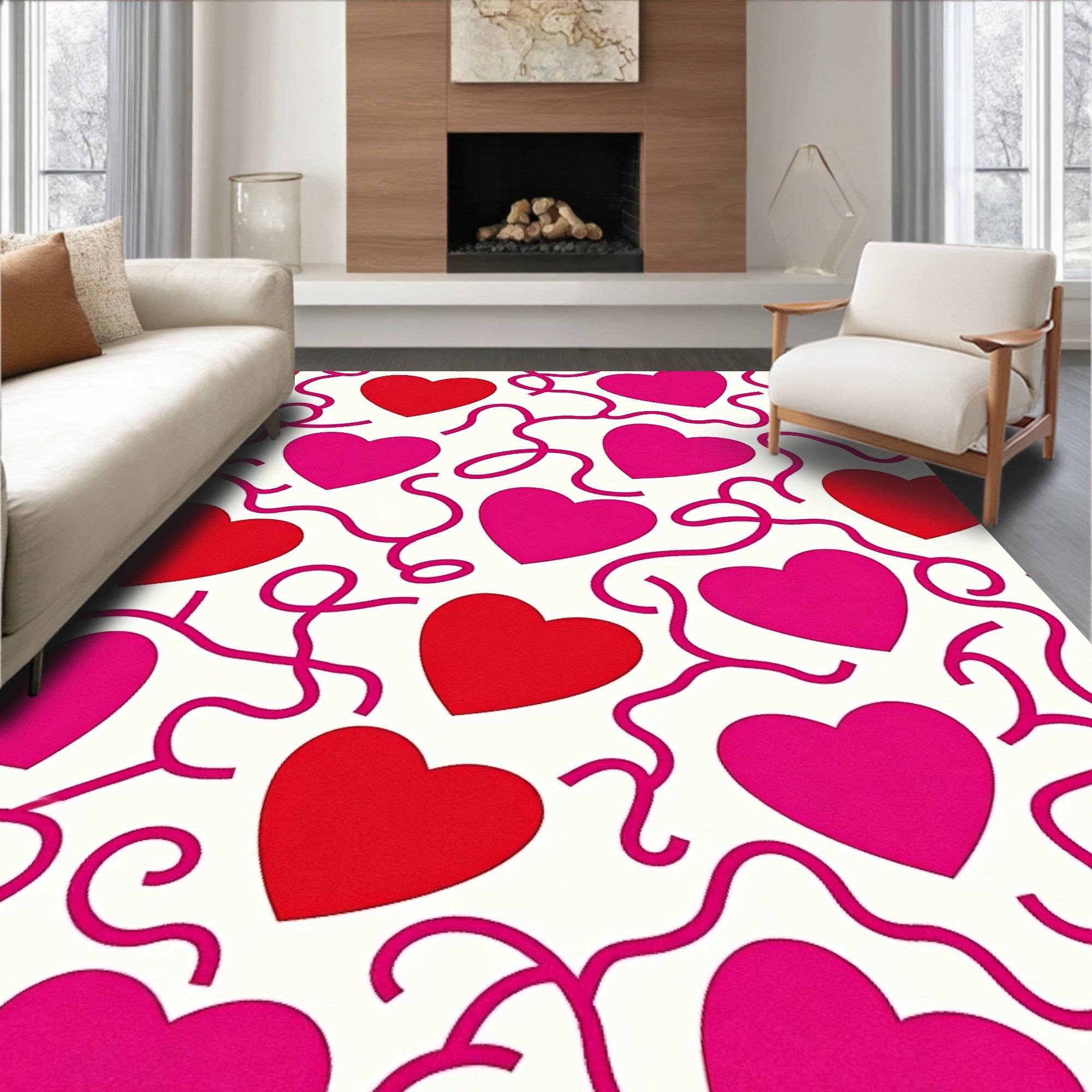 Red Pink Hearts Whimsical Swirls Rug
