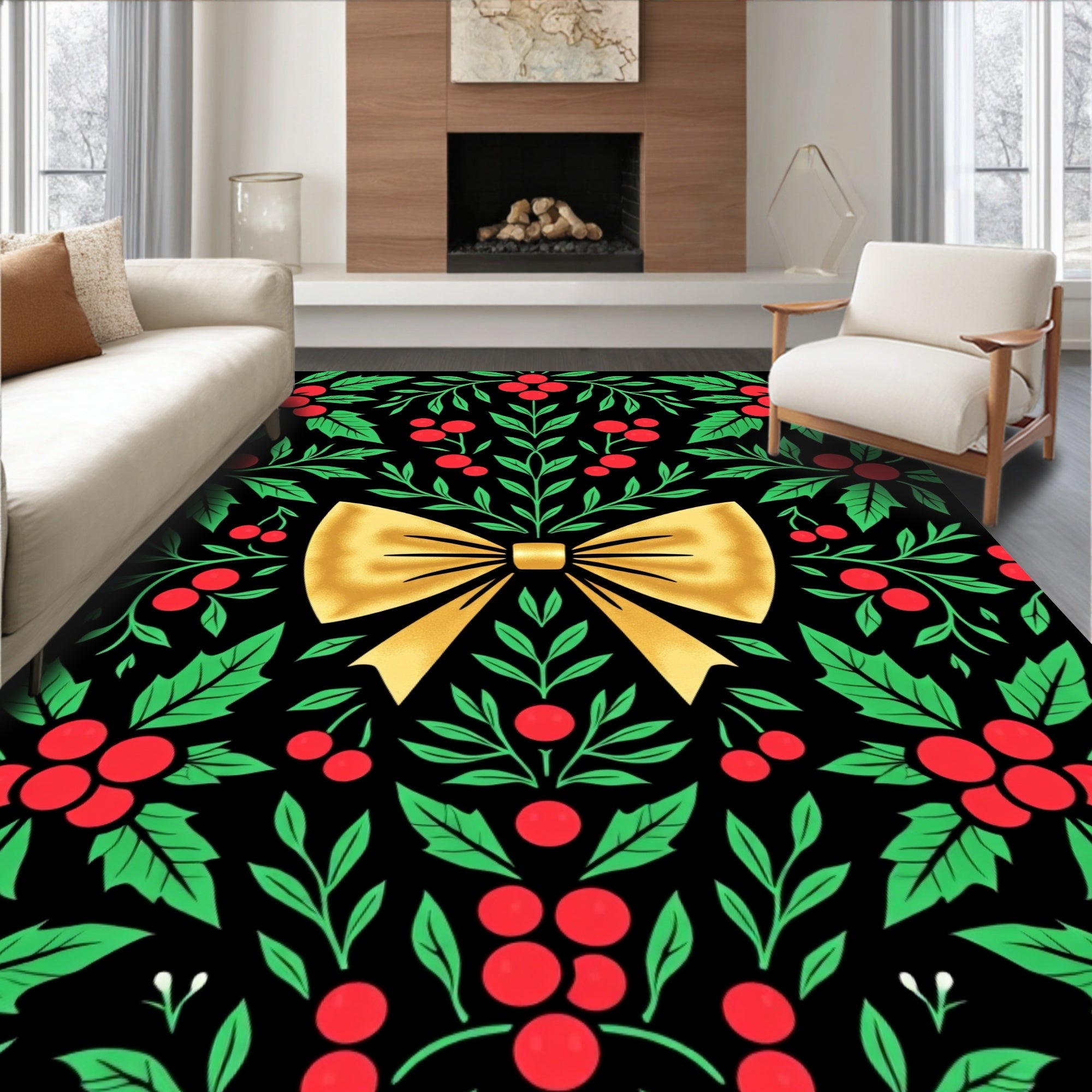 Golden Bow Red Holly Garland Rug