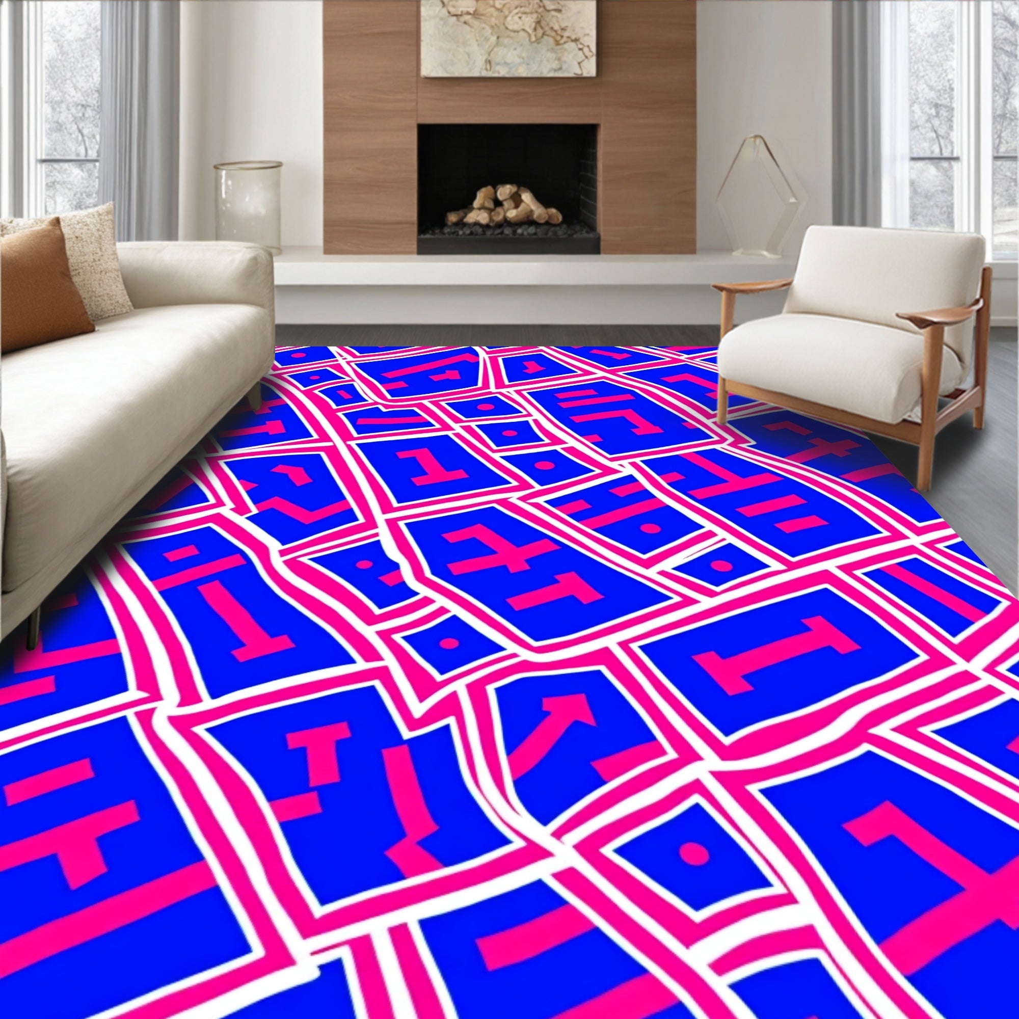 Bold Blue Pink Geometric Fragment Rug