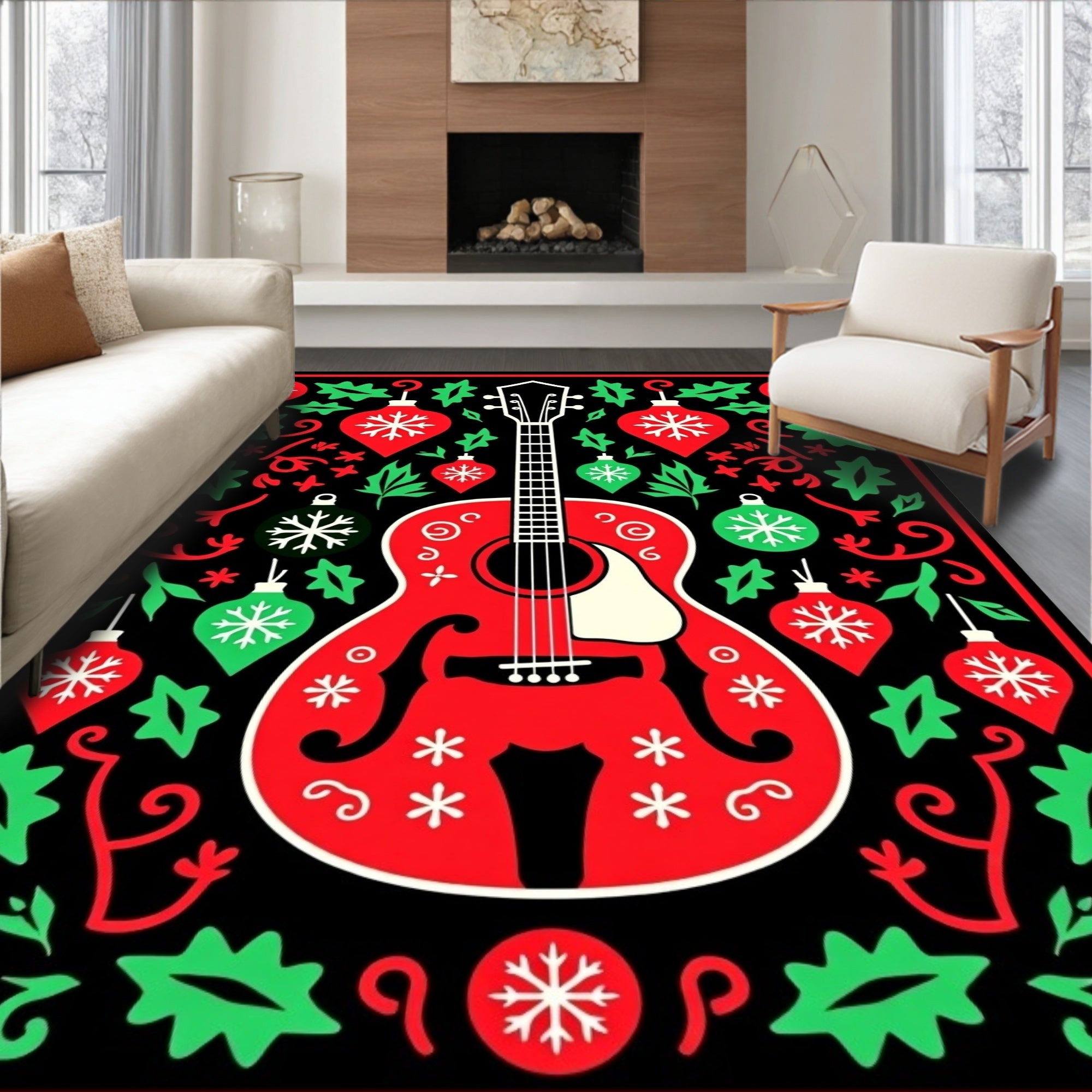 Holiday Red Guitar Snowflake Ornaments Rug