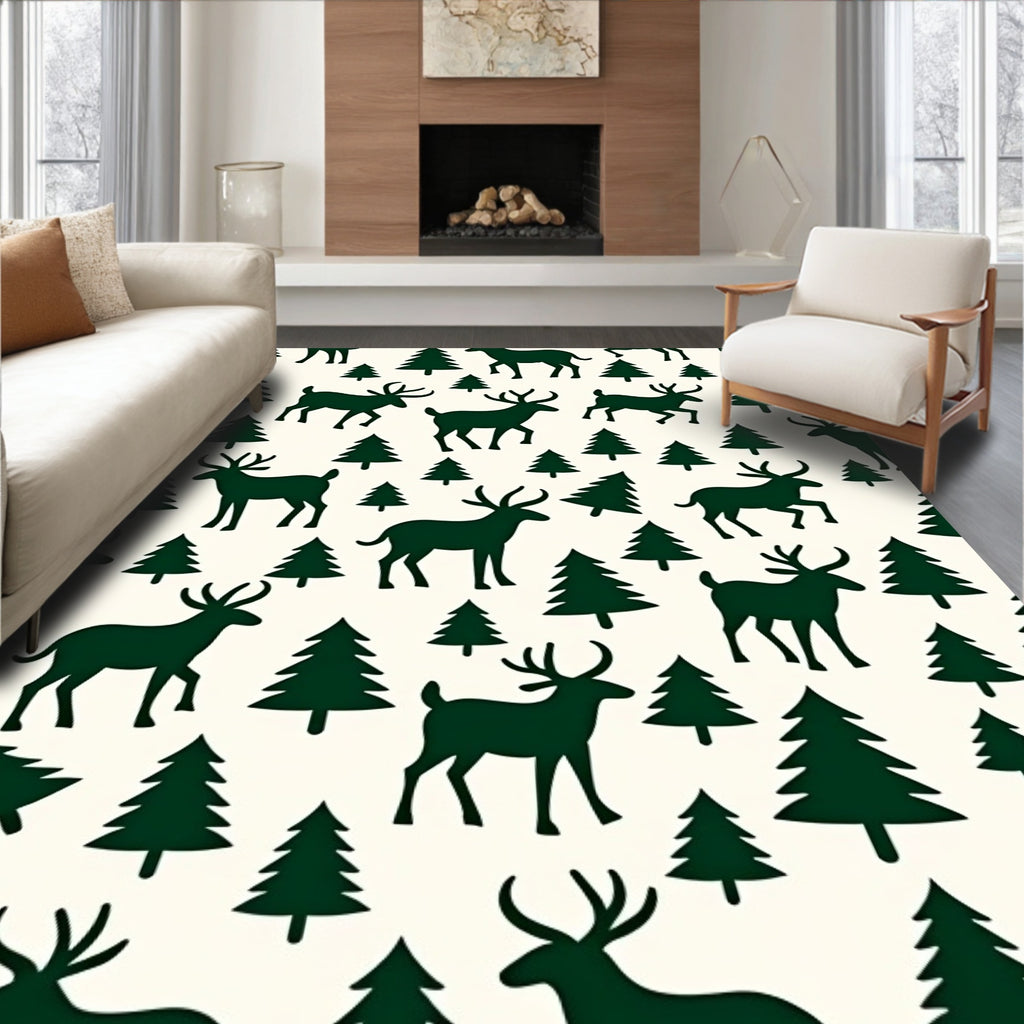 Dark Green Deer Pine Trees Rug