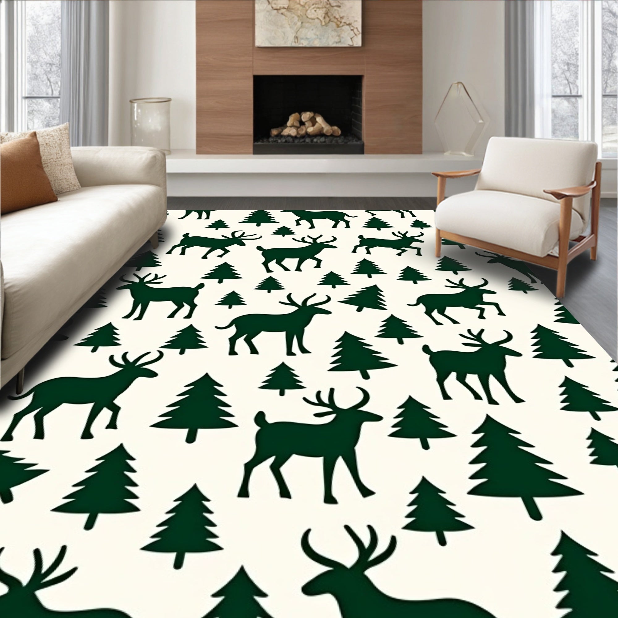 Dark Green Deer Pine Trees Rug