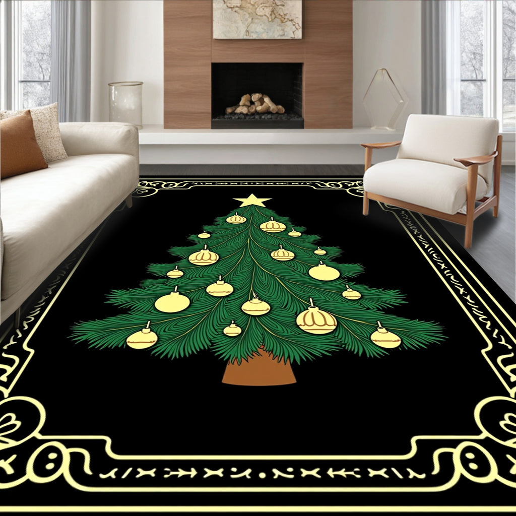 Golden Ornate Christmas Tree Festive Rug