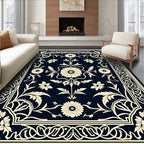 Elegant Cream Floral Scrollwork Navy Rug