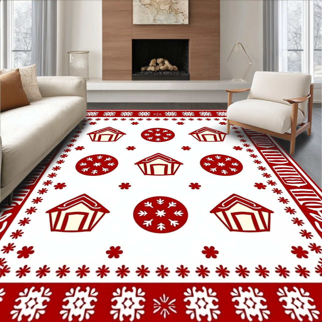 Red Gingerbread House Snowflake Border Rug