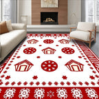 Red Gingerbread House Snowflake Border Rug
